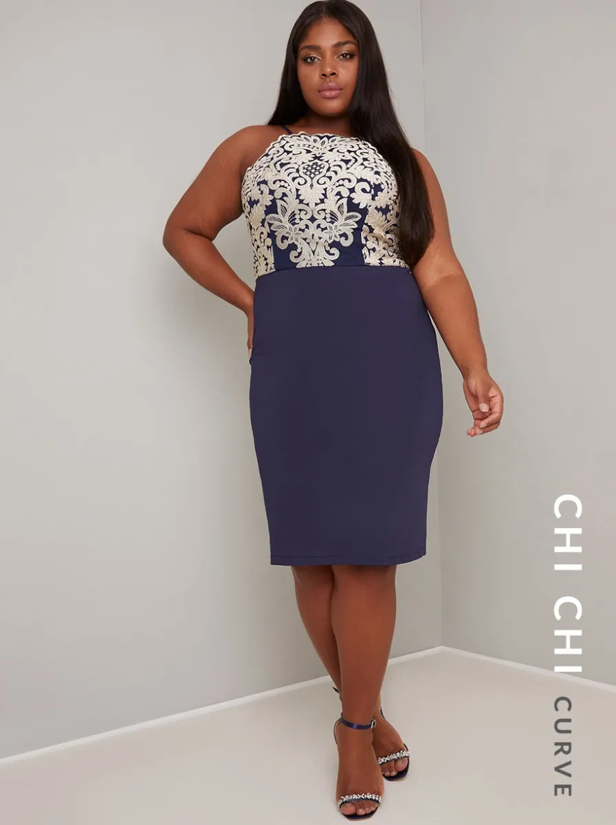 Halter Neck Embroidered Bodycon Dress in Navy sold by Chi Chi London product image thumbnail 3
