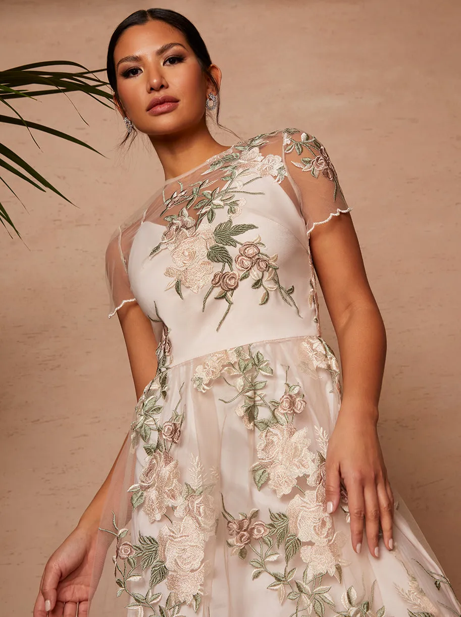 Floral Embroidered Mesh Overlay Midi Dress in Nude sold by Chi Chi London product image thumbnail 2