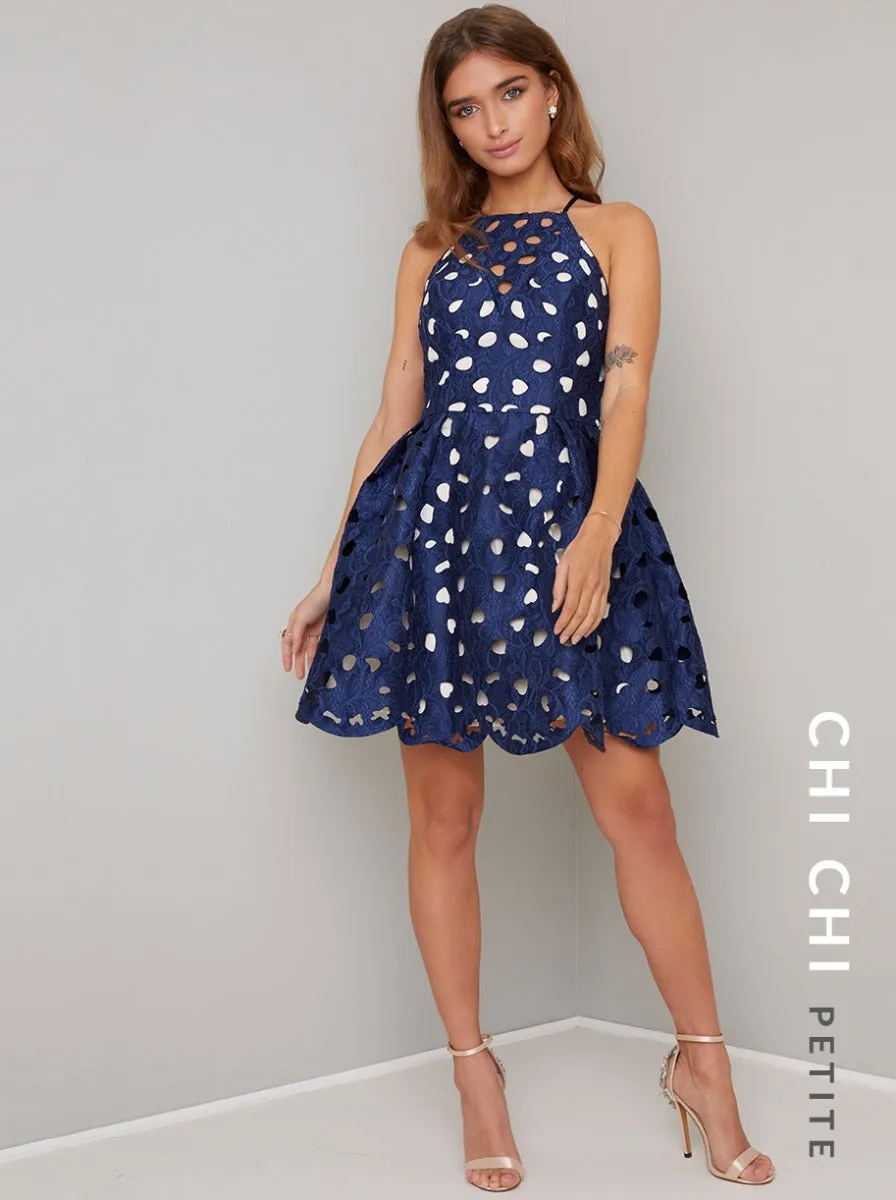 Petite Laser Cut Mini Dress in Blue sold by Chi Chi London