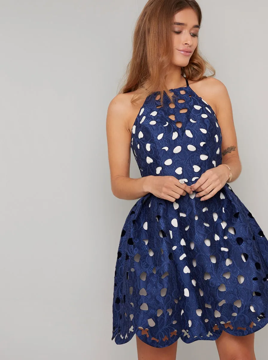 Petite Laser Cut Mini Dress in Blue sold by Chi Chi London product image thumbnail 2