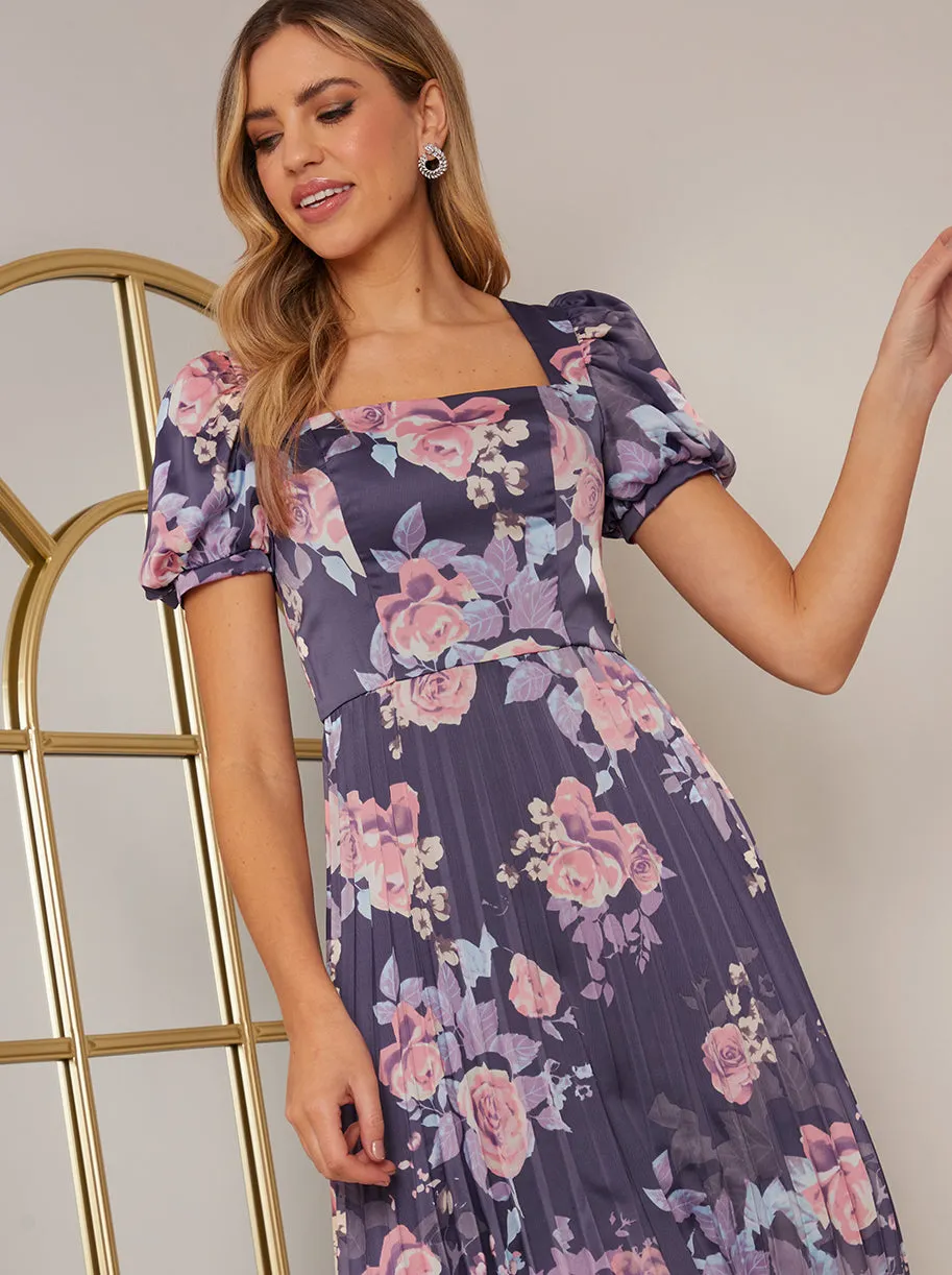 Floral Print Pleated Midi Skater Dress in Navy sold by Chi Chi London product image thumbnail 2