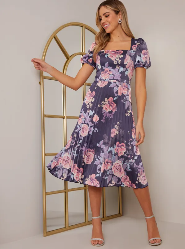 Floral Print Pleated Midi Skater Dress in Navy sold by Chi Chi London
