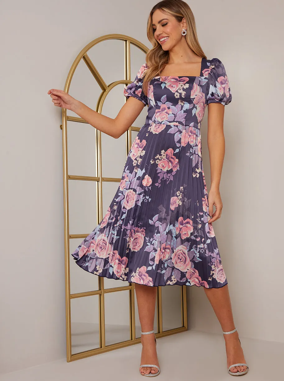 Floral Print Pleated Midi Skater Dress in Navy sold by Chi Chi London