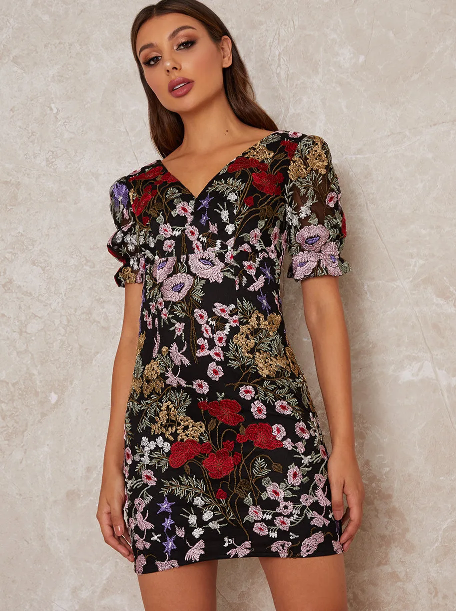 V Neck Puff Sleeve Lace Mini Dress in Black sold by Chi Chi London product image thumbnail 3