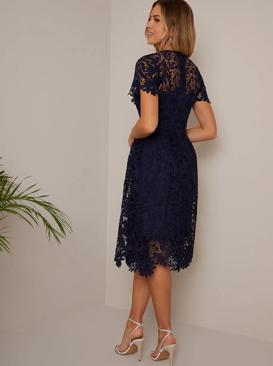 V Neck Fit and Flare Lace Midi Dress in Navy sold by Chi Chi London product image thumbnail 4