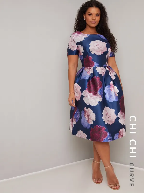 Plus Size Bold Floral Midi Dress in Blue sold by Chi Chi London
