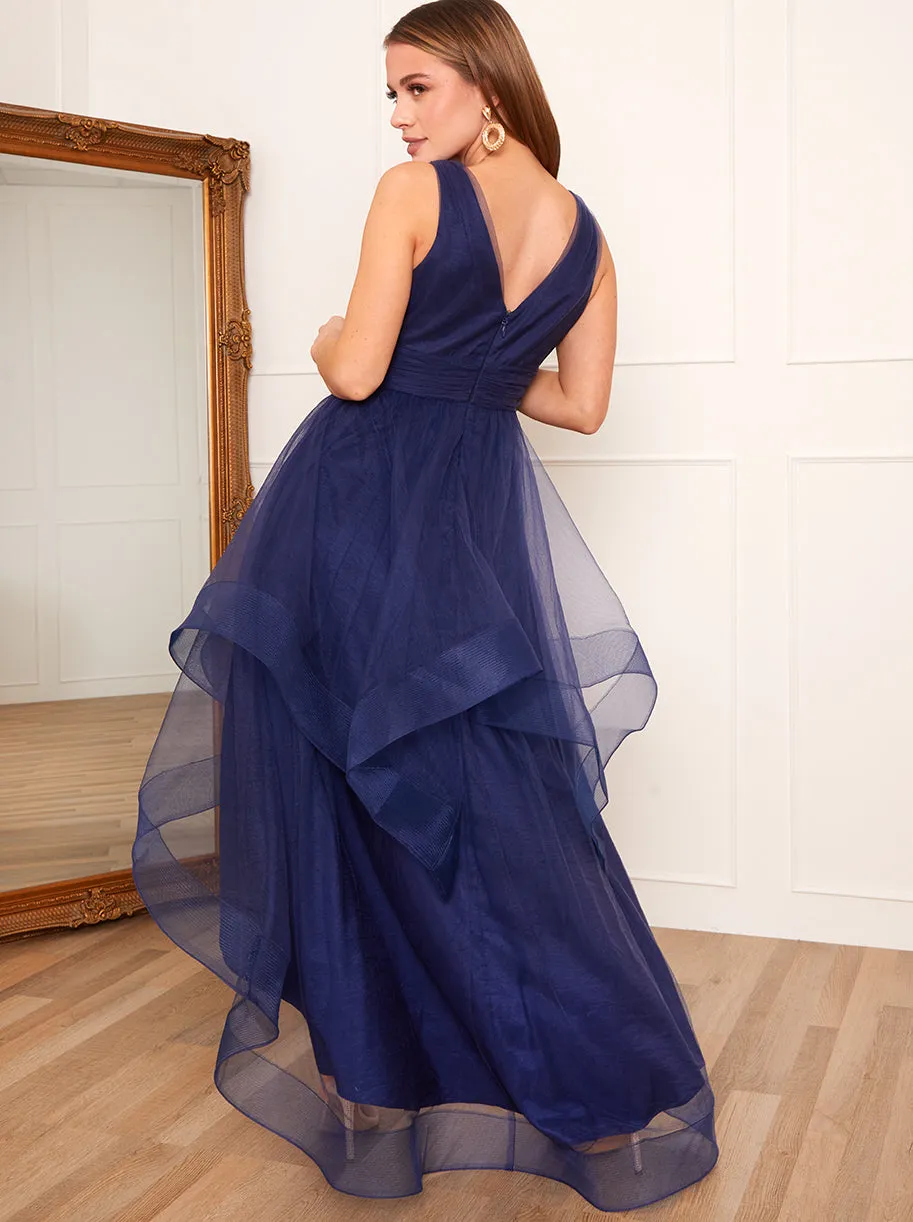 Petite Plunge Neck Tiered Tulle Dip Hem Dress in Navy sold by Chi Chi London product image thumbnail 5