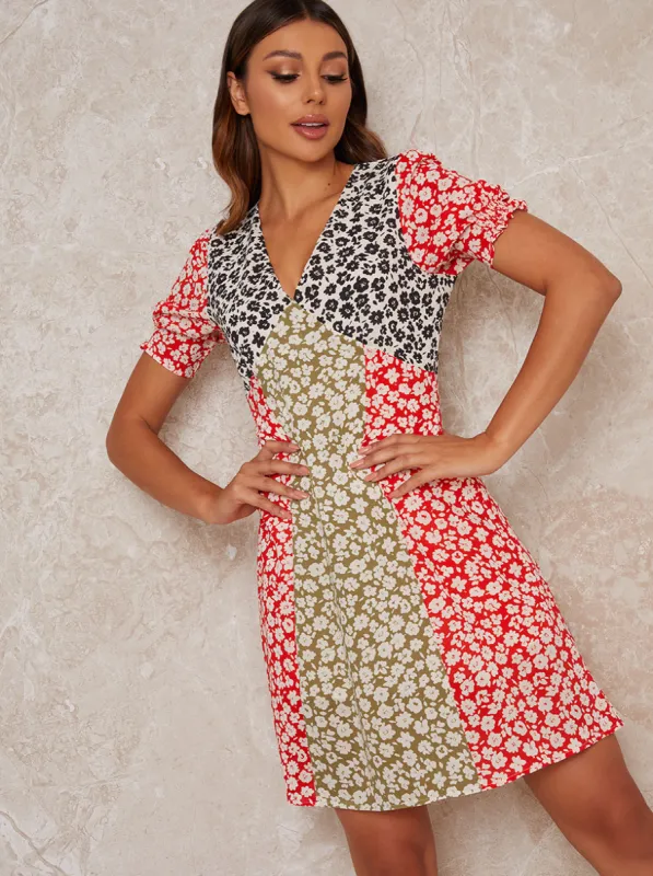 Contrast Floral Panel Mini Dress in Multi sold by Chi Chi London