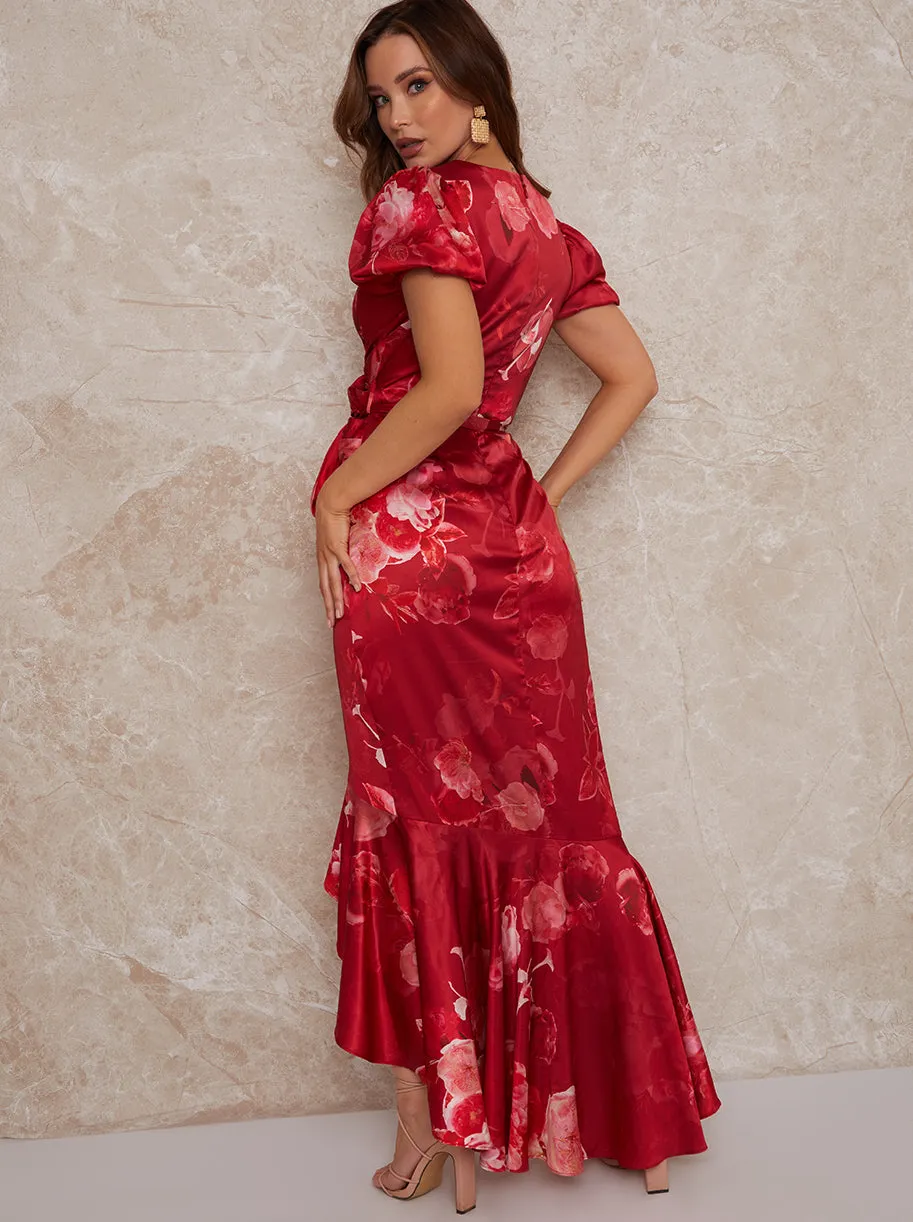 Petite V Neck Puff Sleeve Floral Print Midi Dress in Red sold by Chi Chi London product image thumbnail 4