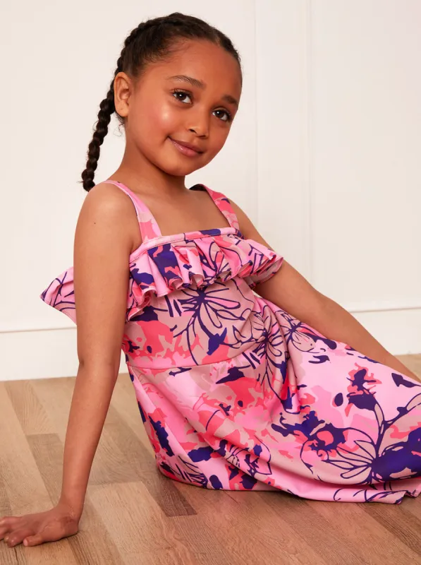 Younger Girls Ruffle Abstract Floral Midi Dress in Pink sold by Chi Chi London