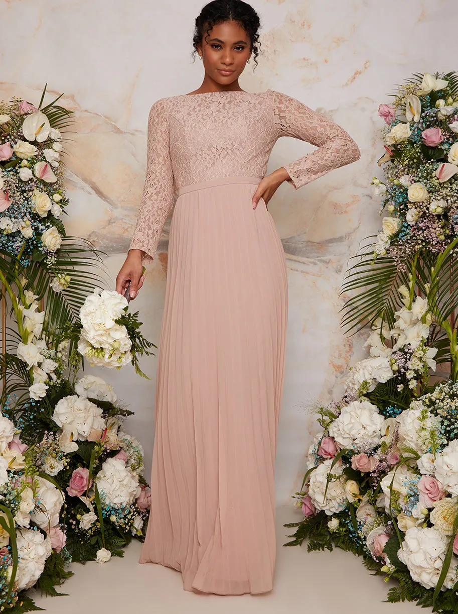 Long Sleeved Lace Pleated Maxi Dress in Champagne sold by Chi Chi London product image thumbnail 4