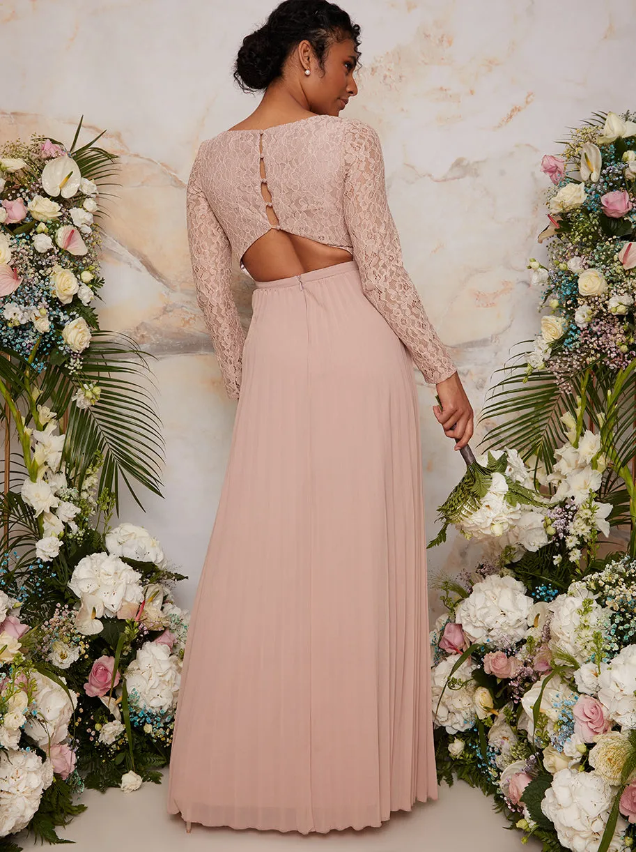 Long Sleeved Lace Pleated Maxi Dress in Champagne sold by Chi Chi London product image thumbnail 2