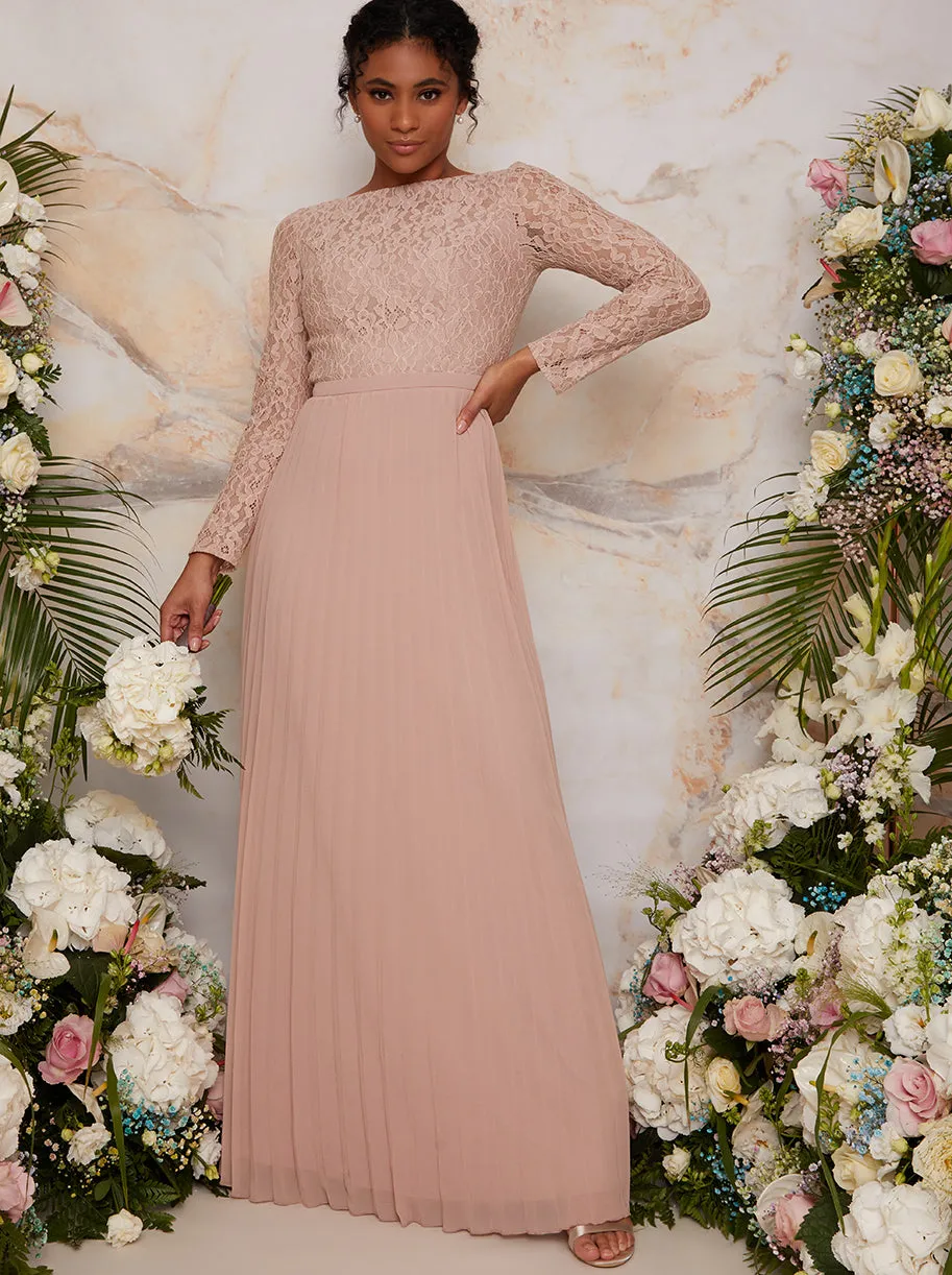 Long Sleeved Lace Pleated Maxi Dress in Champagne sold by Chi Chi London