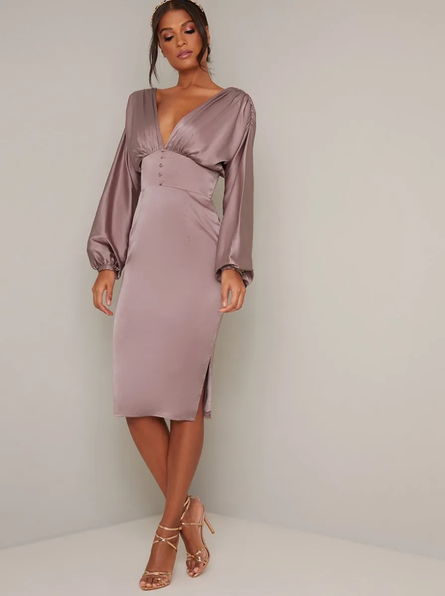V Neck Balloon Long Sleeve Satin Midi Dress in Pink sold by Chi Chi London product image thumbnail 3