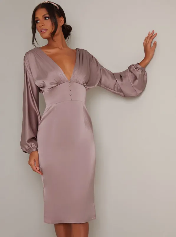V Neck Balloon Long Sleeve Satin Midi Dress in Pink sold by Chi Chi London