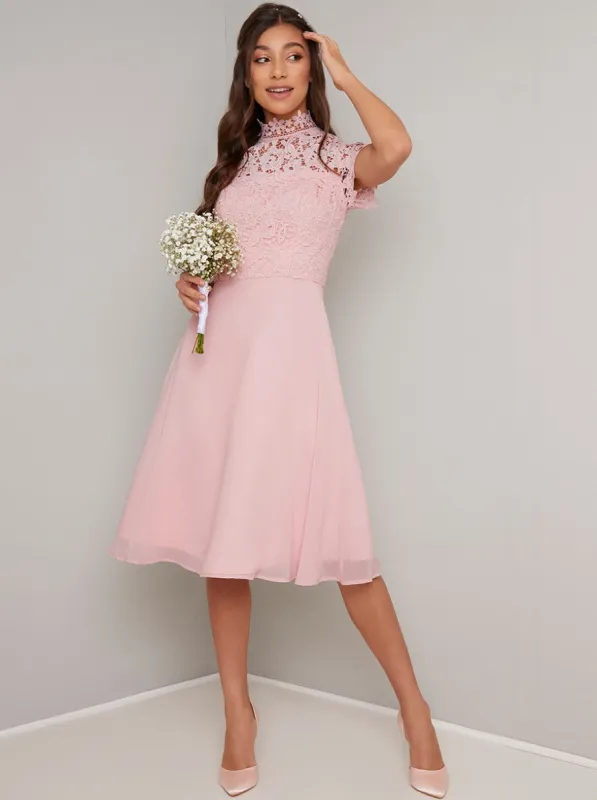 Crochet Bodice Chiffon Midi Dress in Pink sold by Chi Chi London