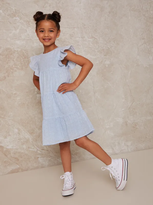 Girls Tiered Broderie Smock Dress in Blue sold by Chi Chi London