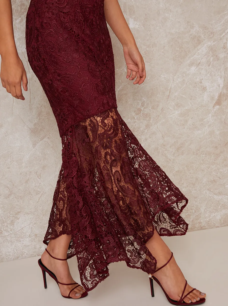 High Neck Lace Bodycon Ruffle Hem Dress in Red sold by Chi Chi London product image thumbnail 3