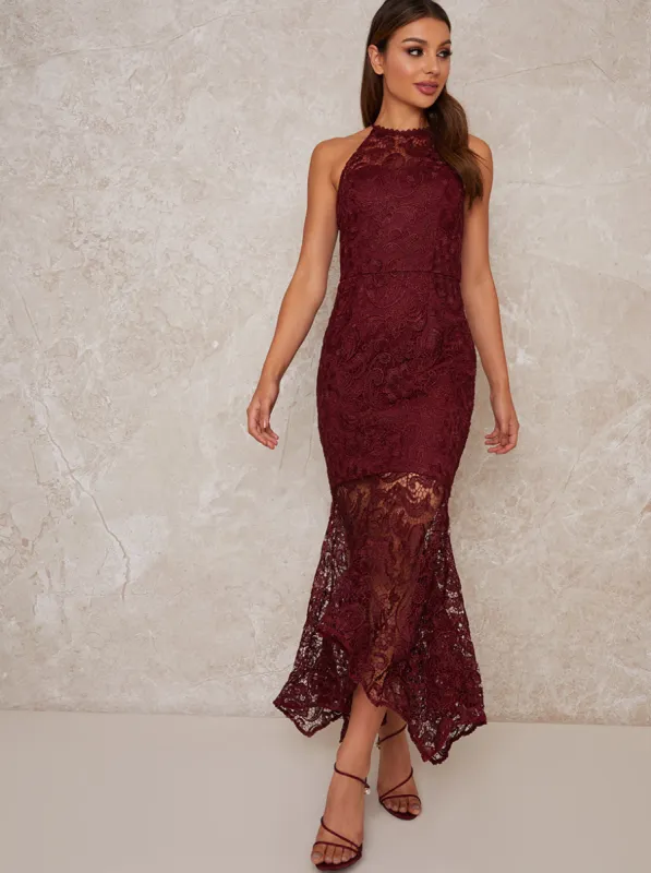 High Neck Lace Bodycon Ruffle Hem Dress in Red sold by Chi Chi London