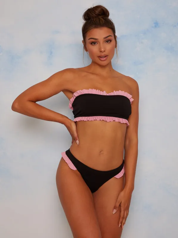 Frill Trim Bikini Bottoms in Black sold by Chi Chi London
