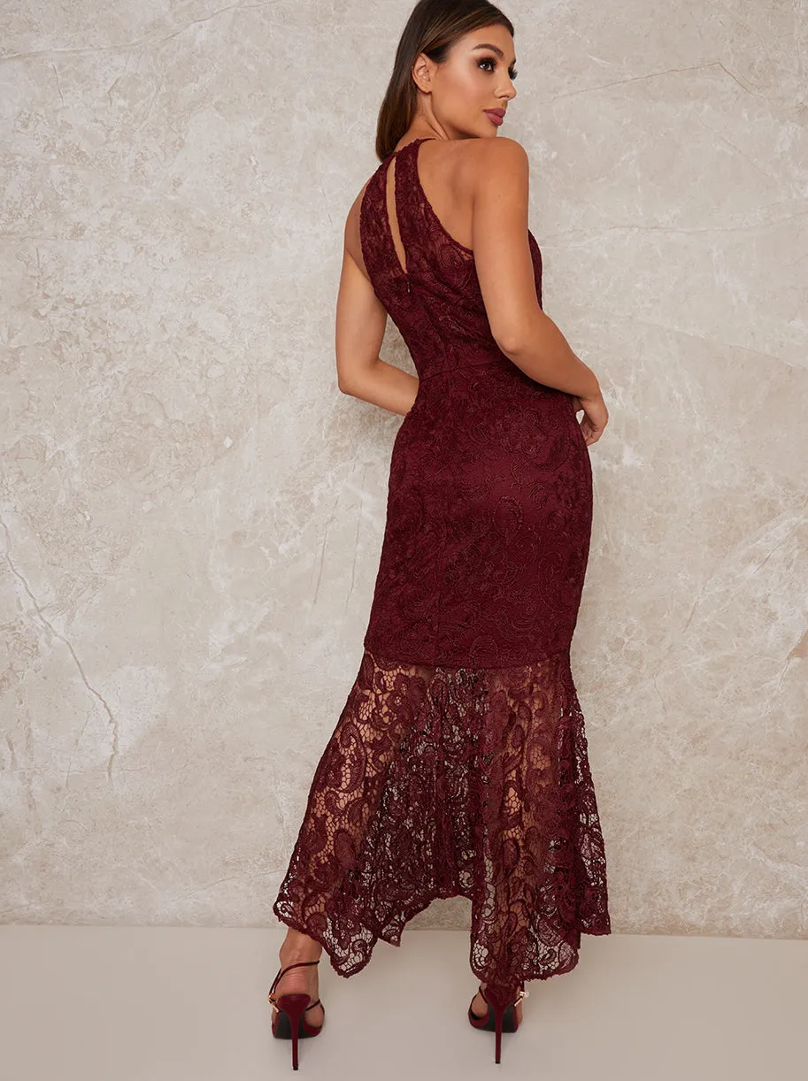 High Neck Lace Bodycon Ruffle Hem Dress in Red sold by Chi Chi London product image thumbnail 4