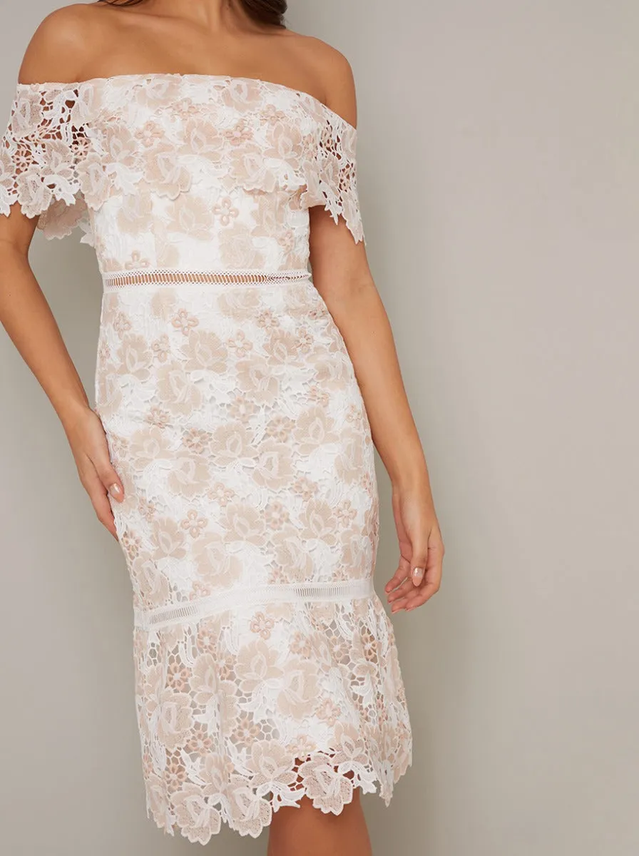 Bardot Premium Lace Bodycon Midi Dress in Pink sold by Chi Chi London product image thumbnail 2