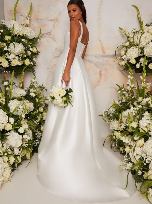 Sleeveless Structured Satin Wedding Dress with Train in White sold by Chi Chi London