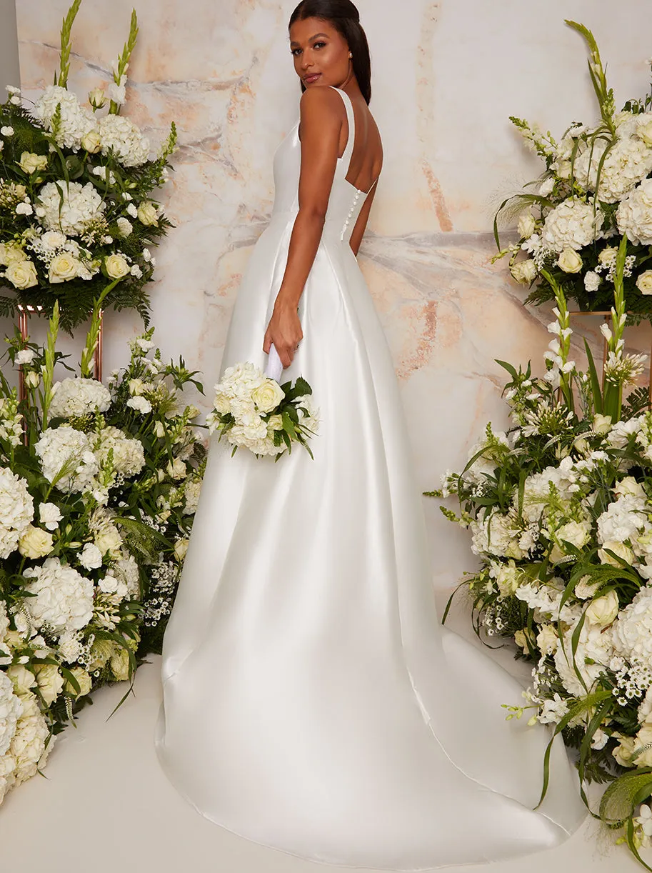 Sleeveless Structured Satin Wedding Dress with Train in White sold by Chi Chi London