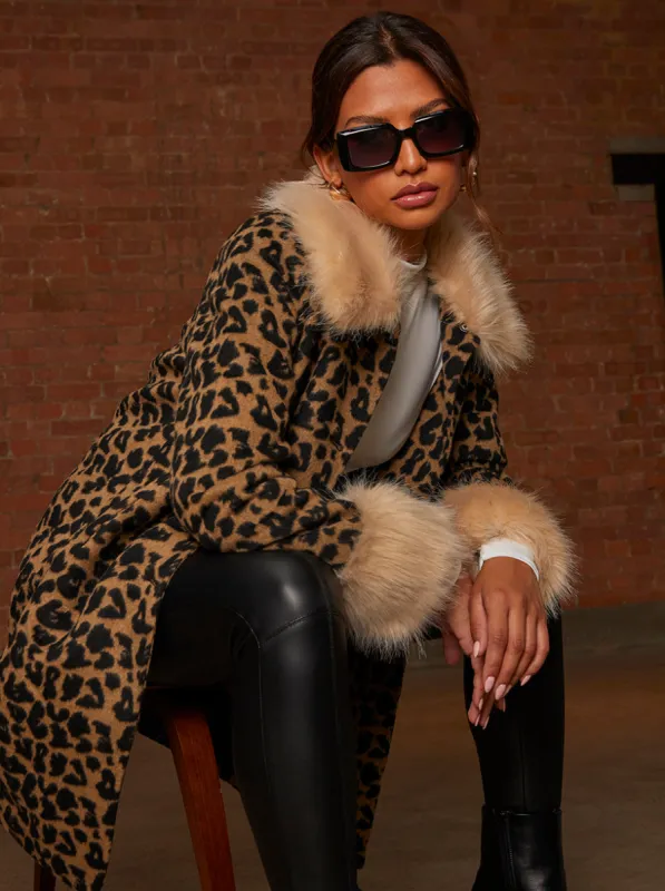 Leopard Print Contrast Faux Fur Trim Coat in Brown sold by Chi Chi London