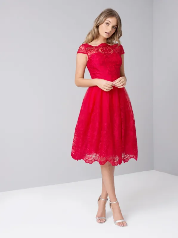 Cap Sleeve Baroque Embroidered Midi Dress in Red sold by Chi Chi London