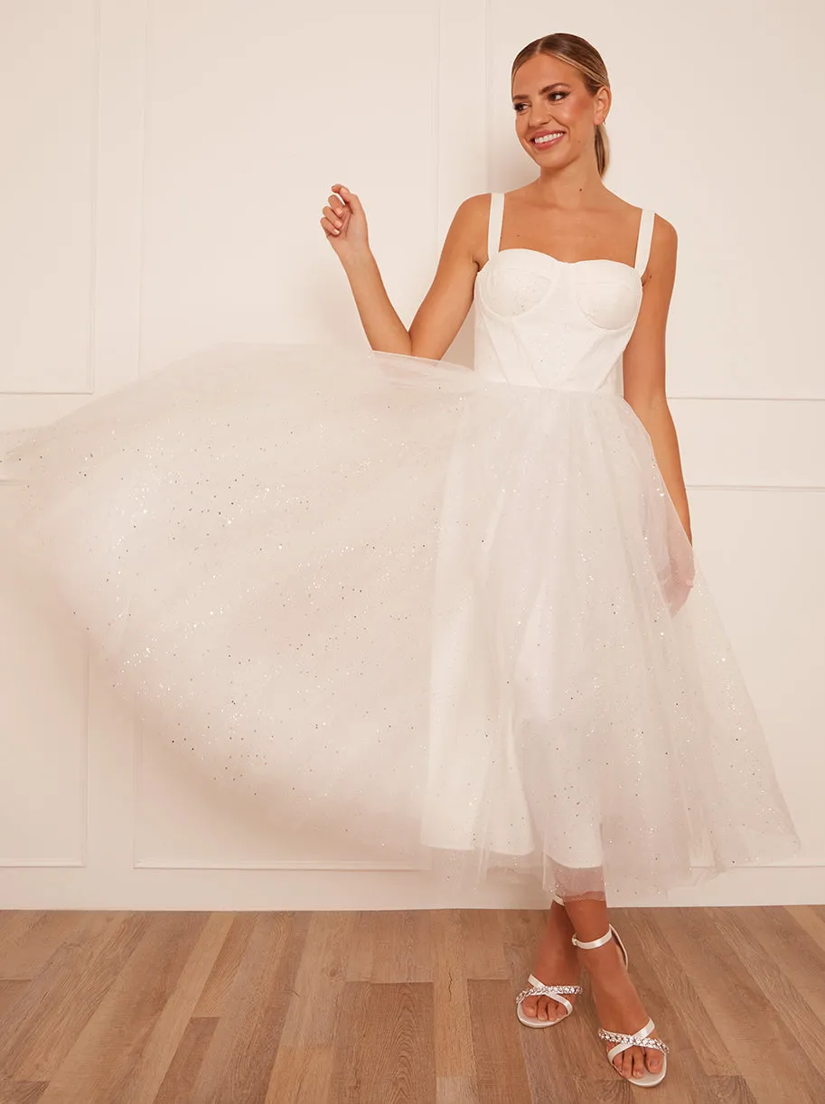 Corset Bodice & Glitter Tulle Midi Wedding Dress in White sold by Chi Chi London product image thumbnail 3