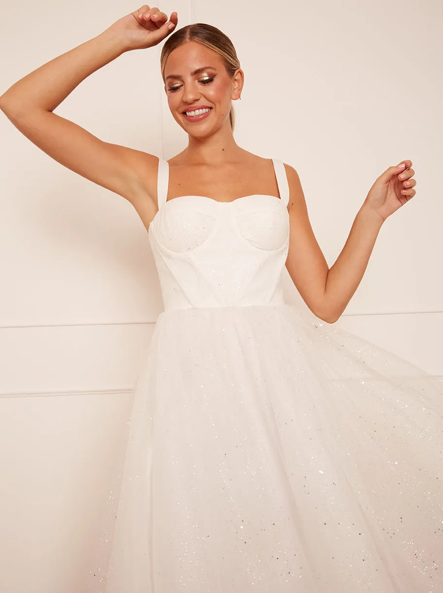 Corset Bodice & Glitter Tulle Midi Wedding Dress in White sold by Chi Chi London product image thumbnail 2