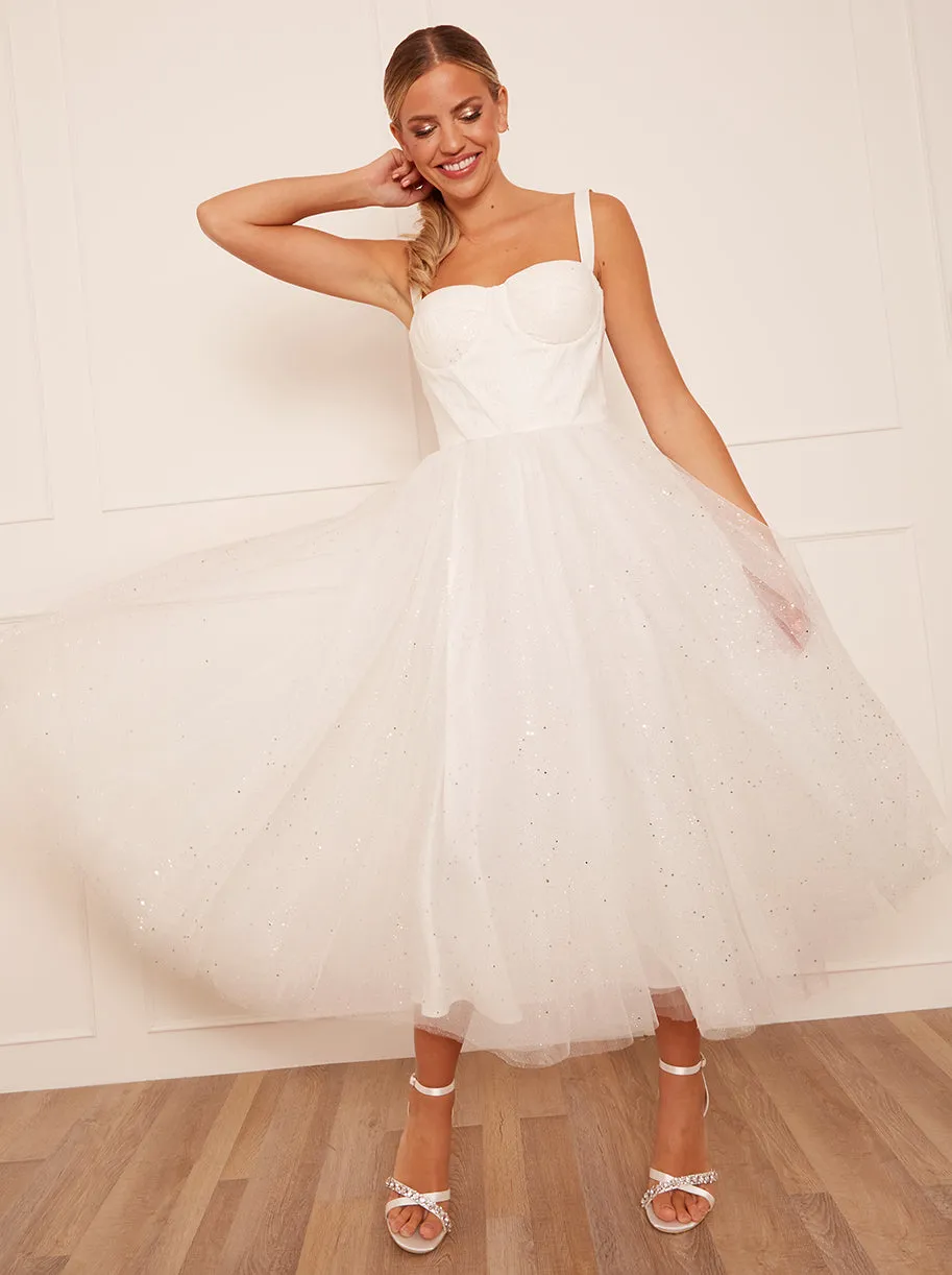 Corset Bodice & Glitter Tulle Midi Wedding Dress in White sold by Chi Chi London