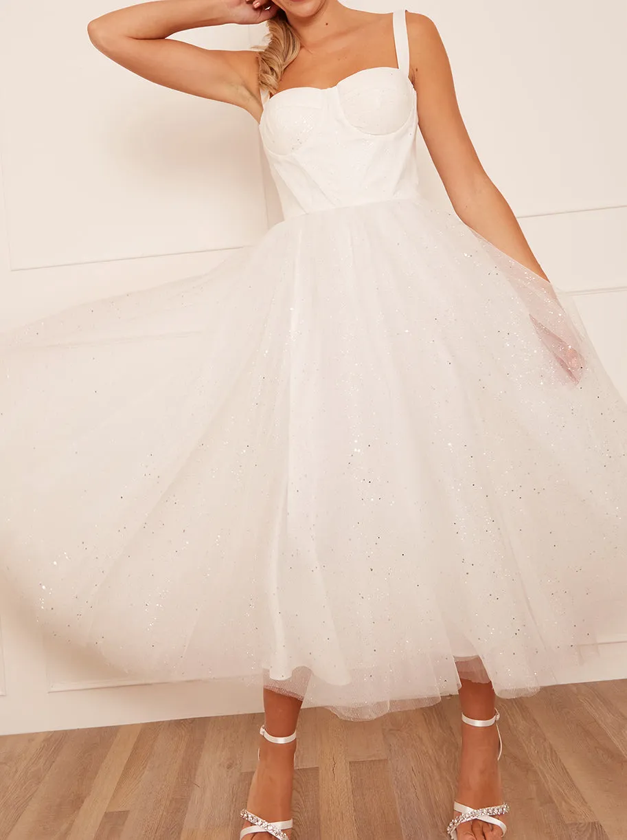 Corset Bodice & Glitter Tulle Midi Wedding Dress in White sold by Chi Chi London product image thumbnail 4
