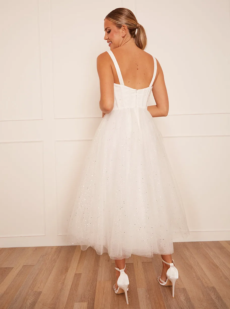 Corset Bodice & Glitter Tulle Midi Wedding Dress in White sold by Chi Chi London product image thumbnail 5
