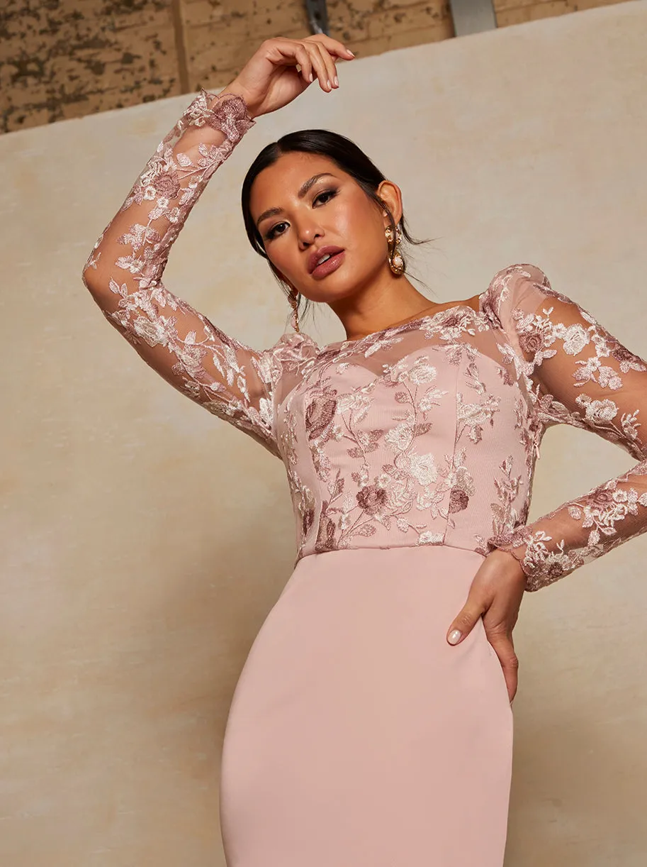 Peplum Embroidered Lace Bodycon Dress in Pink sold by Chi Chi London