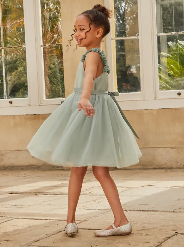 Girls 3D Floral Strap Tulle Midi Dress in Sage sold by Chi Chi London