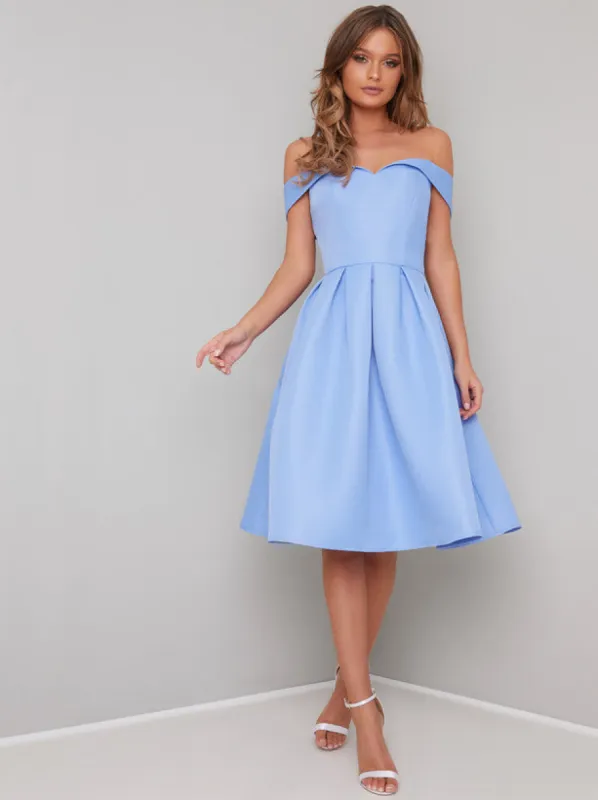 Fold-Over Bardot Plain Midi Dress in Blue sold by Chi Chi London