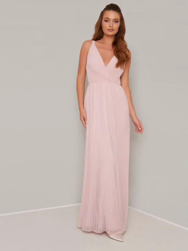 Wrap Bodice Pleat Maxi Dress in Pink sold by Chi Chi London