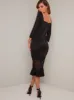 Long Sleeved Lace Hem Bodycon Midi Dress in Black sold by Chi Chi London