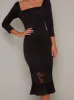 Long Sleeved Lace Hem Bodycon Midi Dress in Black sold by Chi Chi London