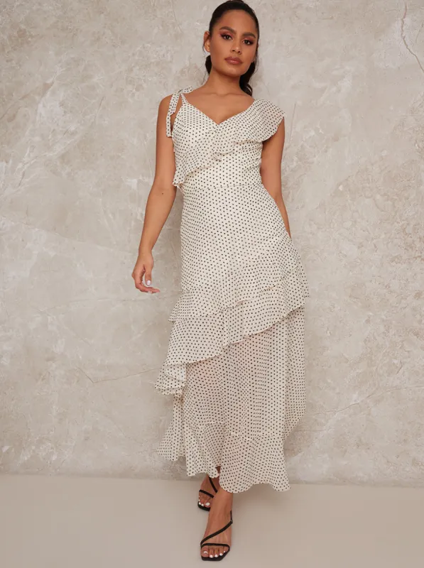Spot Print Midi Day Dress with Frill Detailing in Cream sold by Chi Chi London