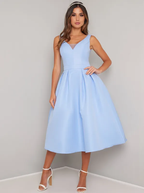 Plunge Front Open Back Midi Dress In Blue sold by Chi Chi London