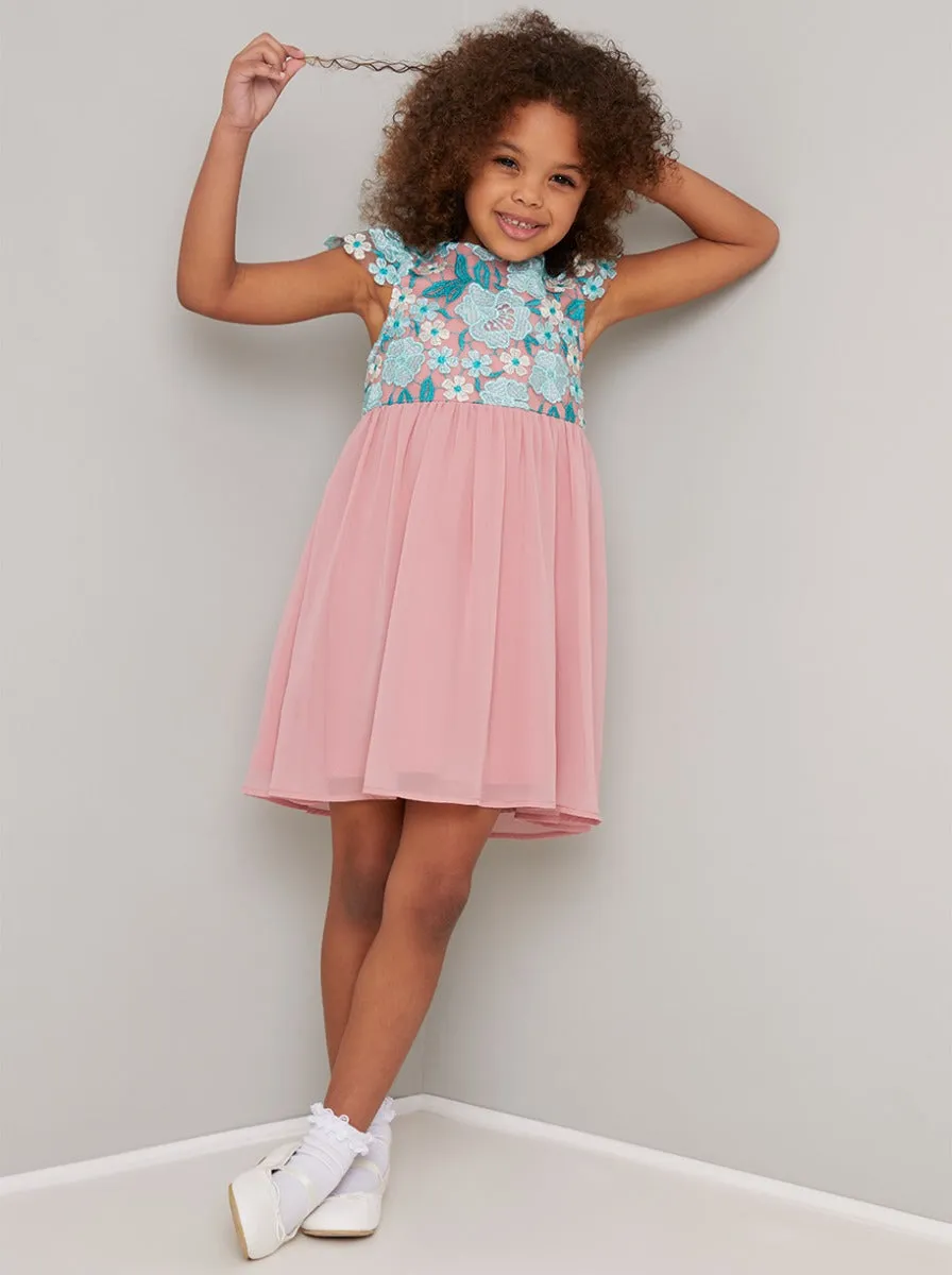 Girls Emroidered Bodice Midi Dress in Pink sold by Chi Chi London