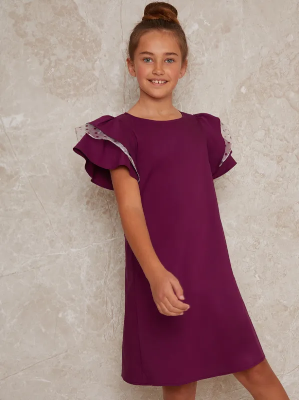 Girls Ruffle Sleeve Shift Dress in Red sold by Chi Chi London