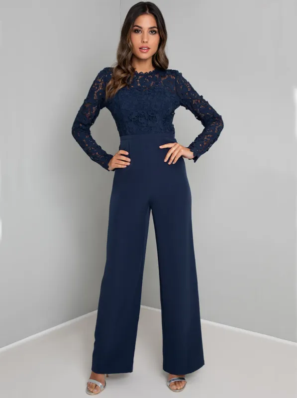 Long Sleeve Crochet Jumpsuit in Navy sold by Chi Chi London