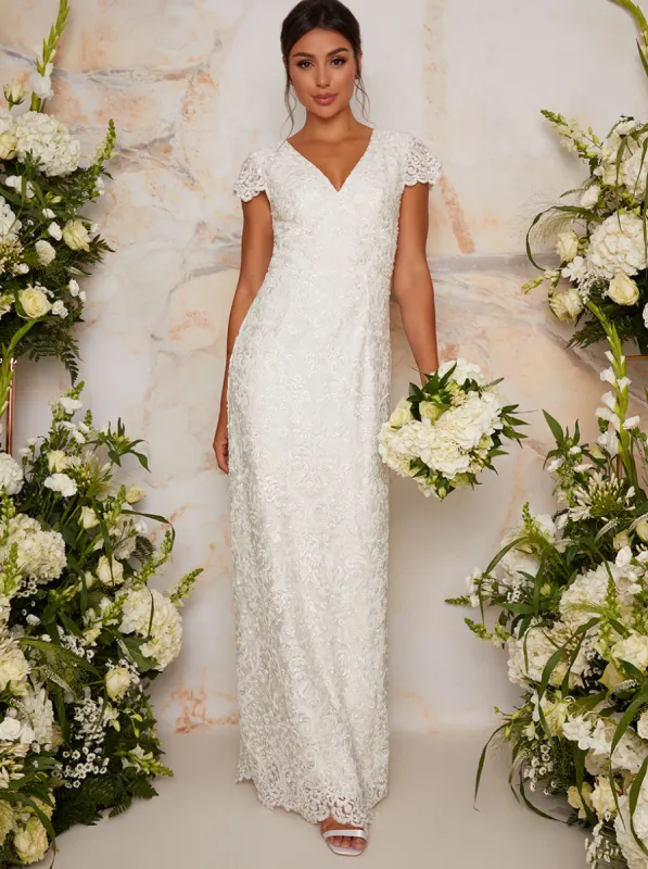 Lace Embellished Maxi Wedding Dress in White sold by Chi Chi London