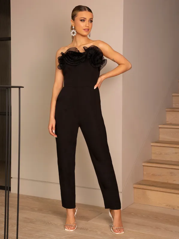 Organza Ruffle Detail Jumpsuit in Black sold by Chi Chi London