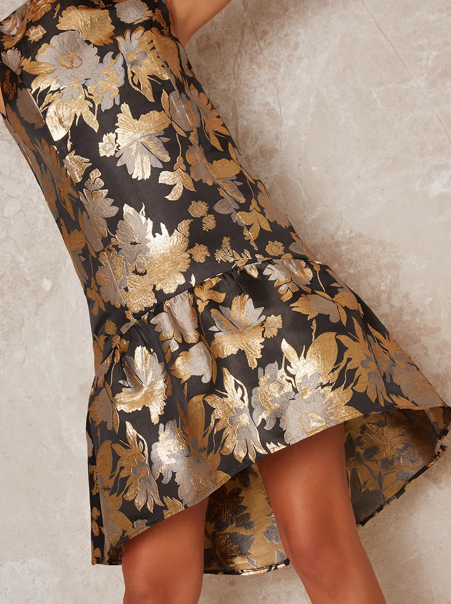 High Neck Dip Hem Jacquard Mini Party Dress in Black sold by Chi Chi London product image thumbnail 3