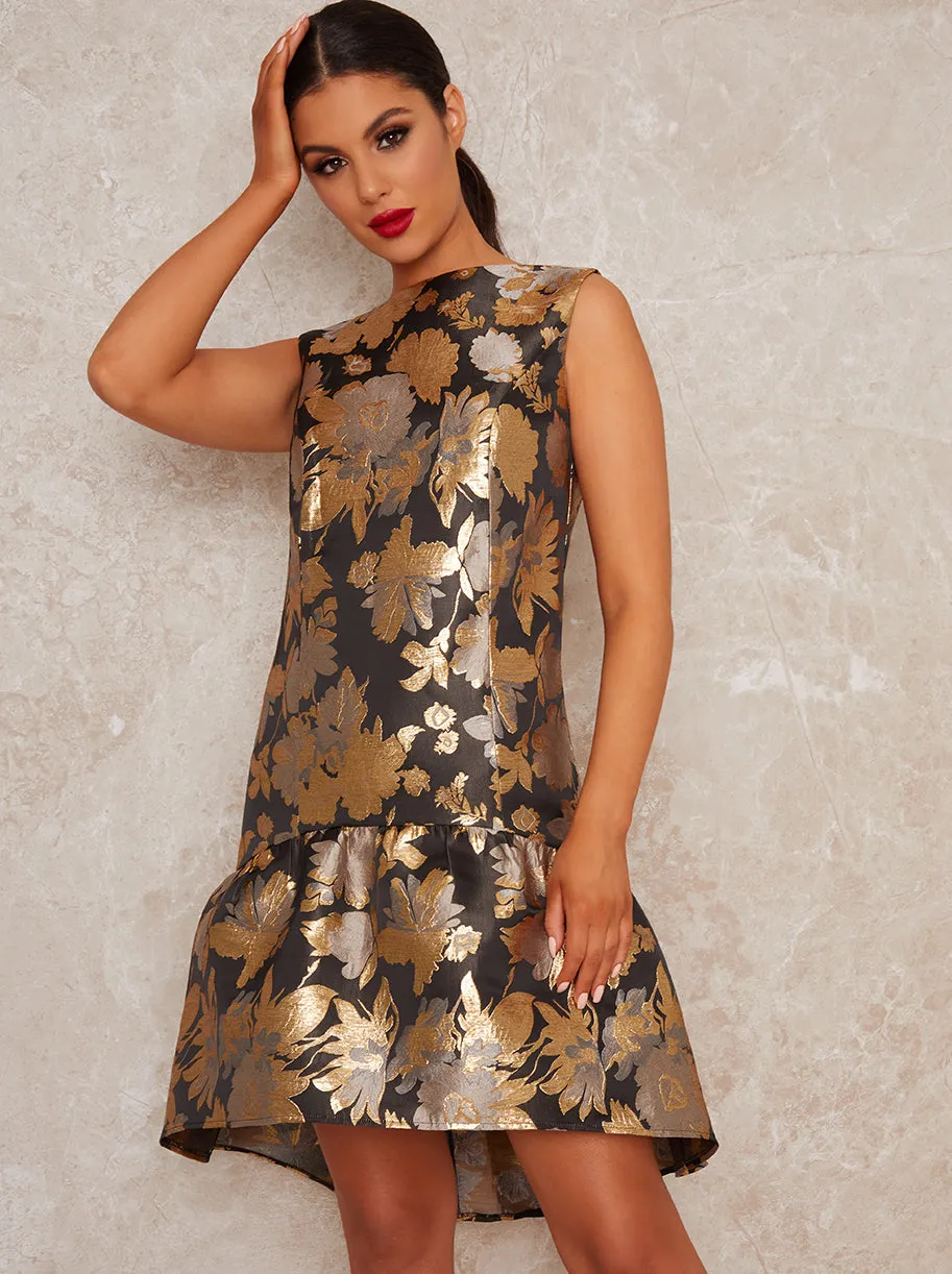 High Neck Dip Hem Jacquard Mini Party Dress in Black sold by Chi Chi London product image thumbnail 2
